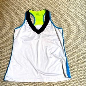 Lucky in love tank top, mostly white, some black and blue. Very cute